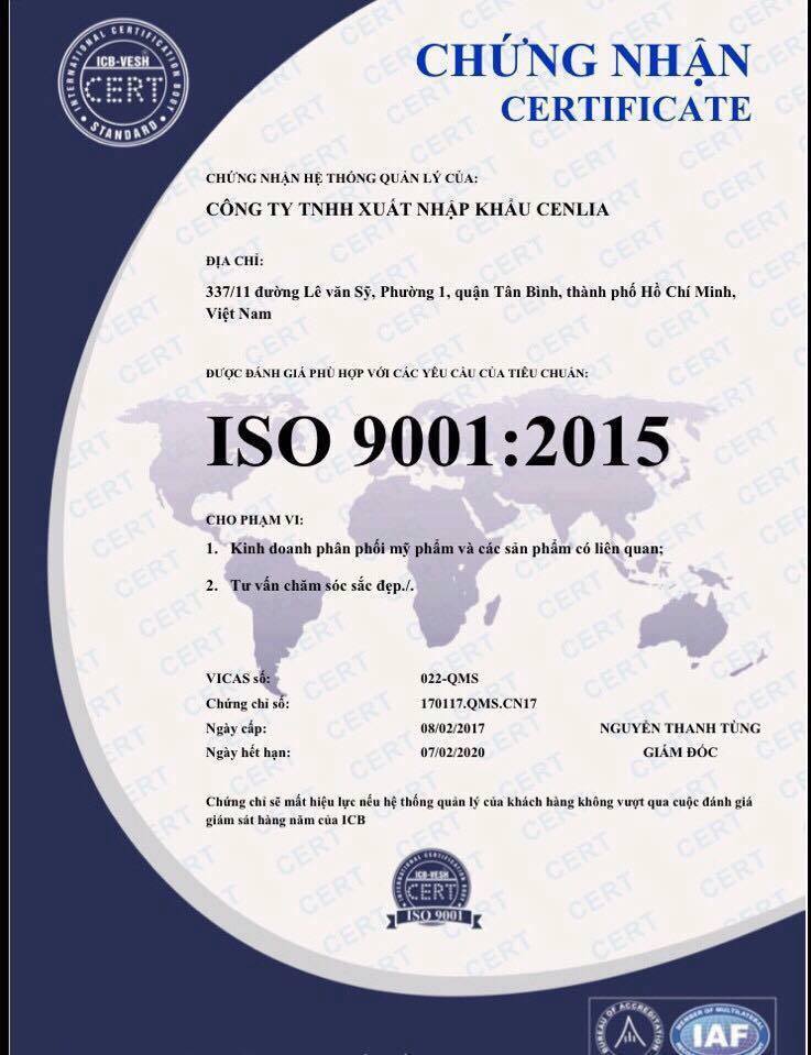 mỹ phẩm cenlia đạt chứng nhận iso 9001